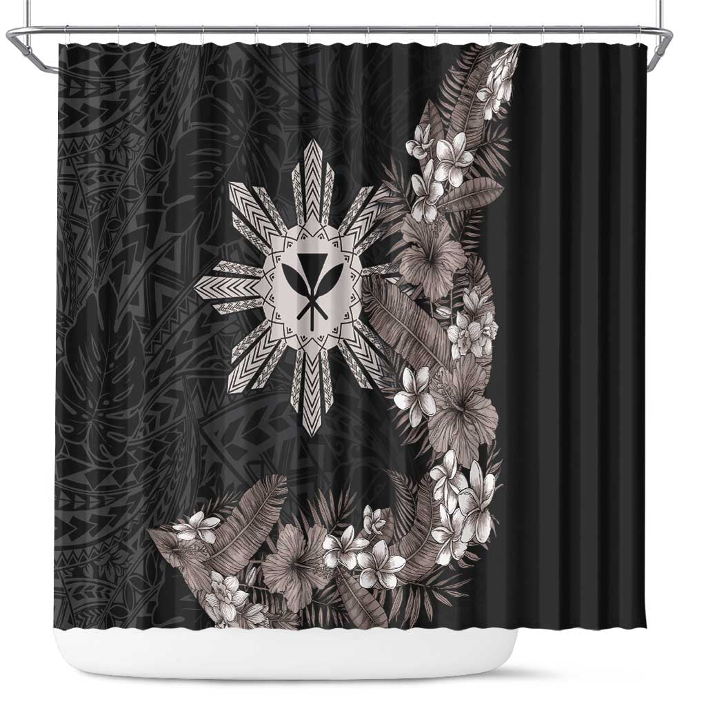 Tropical Hawaii and Philippines Shower Curtain Kanaka Maoli and Sun Badge Batok Tattoo Grayscale LT03 Black - Polynesian Pride