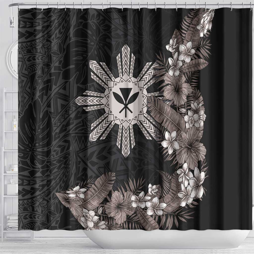 Tropical Hawaii and Philippines Shower Curtain Kanaka Maoli and Sun Badge Batok Tattoo Grayscale LT03 - Polynesian Pride