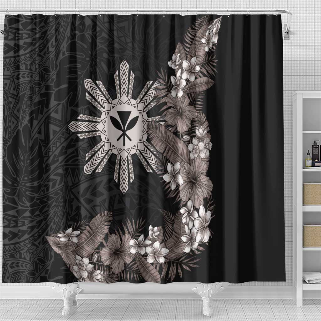 Tropical Hawaii and Philippines Shower Curtain Kanaka Maoli and Sun Badge Batok Tattoo Grayscale LT03 - Polynesian Pride