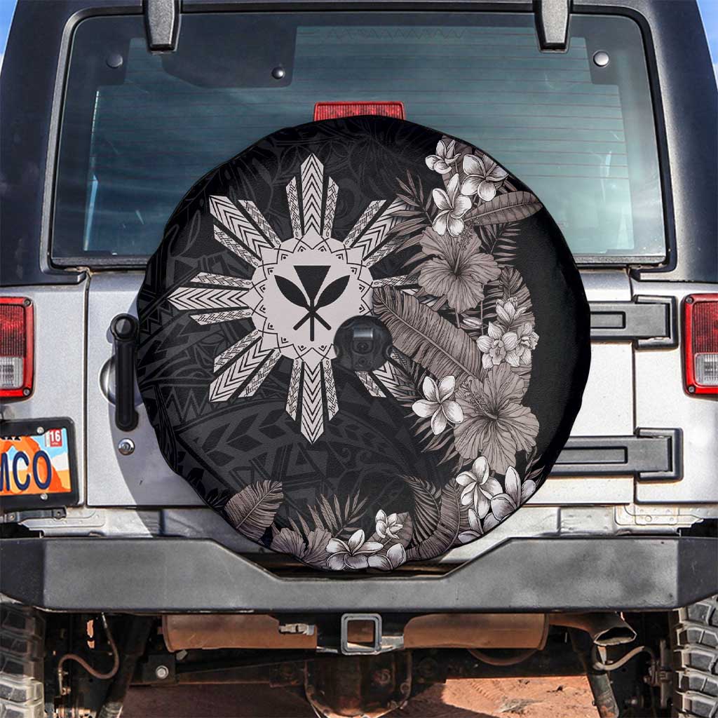 Tropical Hawaii and Philippines Spare Tire Cover Kanaka Maoli and Sun Badge Batok Tattoo Grayscale LT03 Black - Polynesian Pride