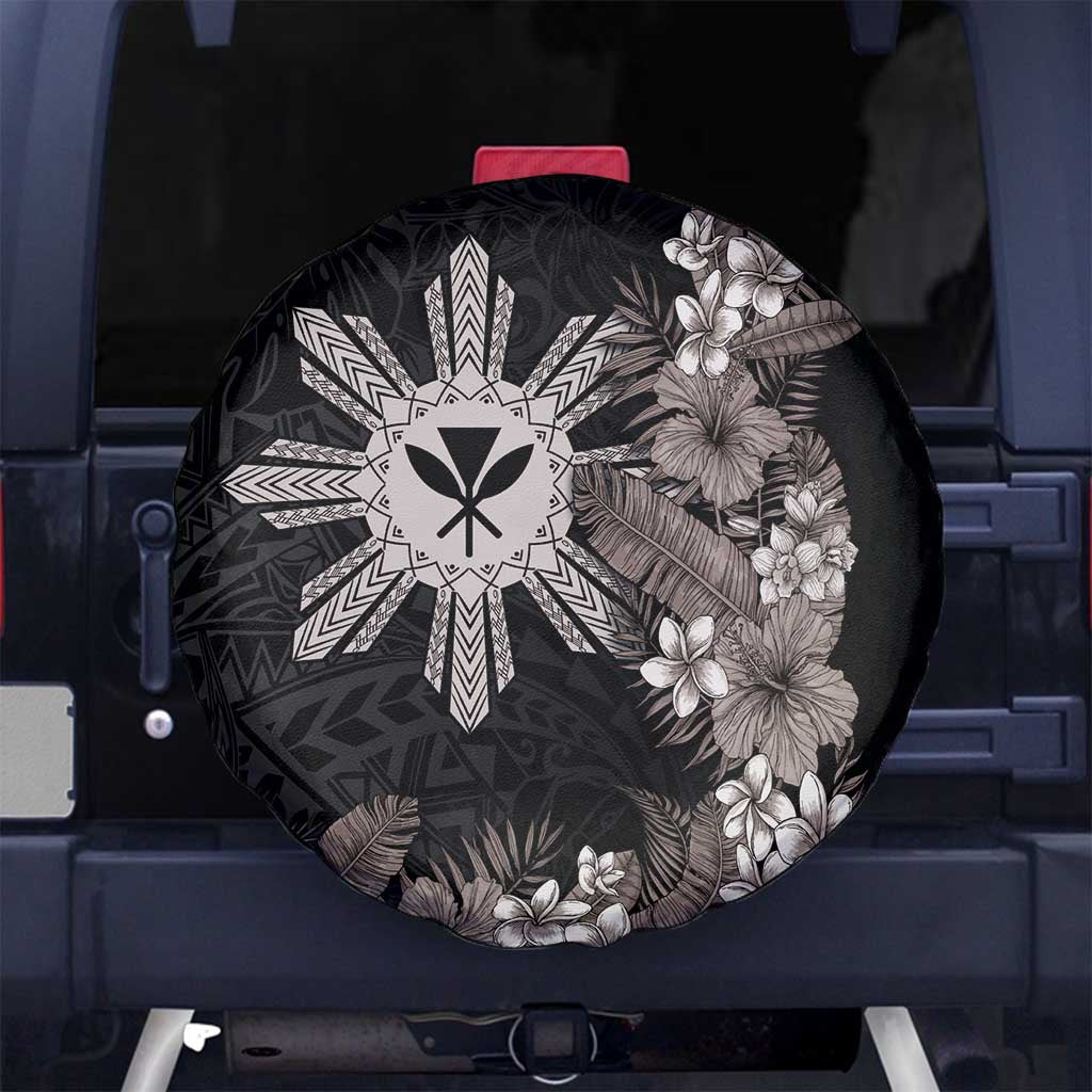 Tropical Hawaii and Philippines Spare Tire Cover Kanaka Maoli and Sun Badge Batok Tattoo Grayscale LT03 - Polynesian Pride