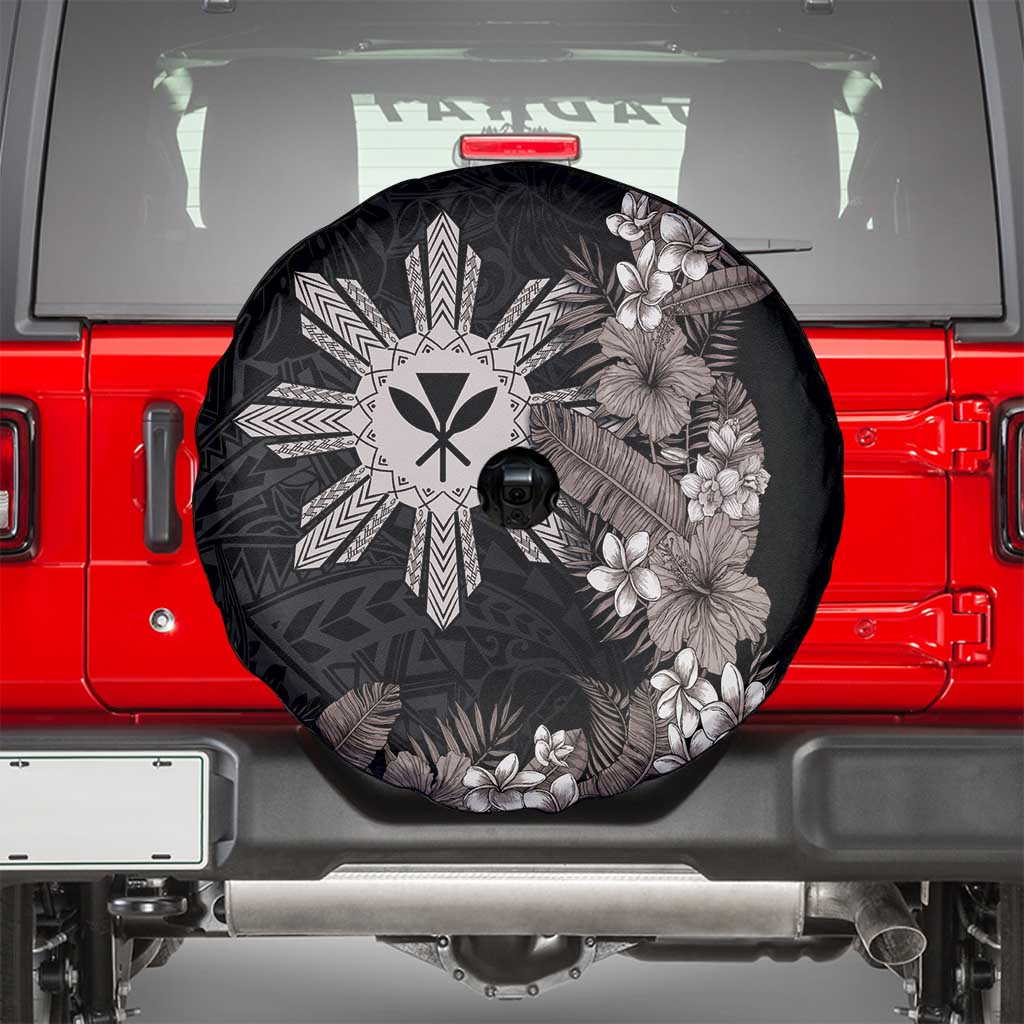 Tropical Hawaii and Philippines Spare Tire Cover Kanaka Maoli and Sun Badge Batok Tattoo Grayscale LT03 - Polynesian Pride