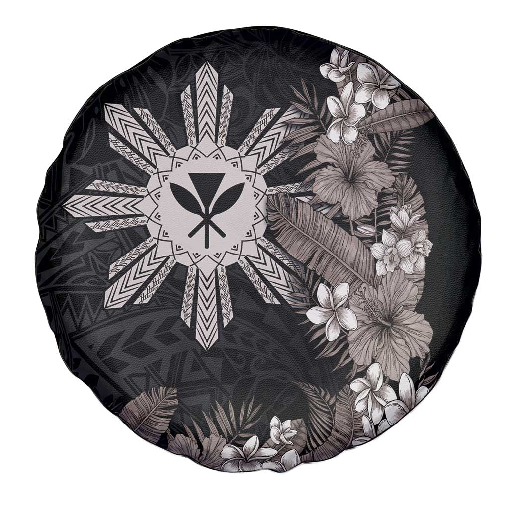 Tropical Hawaii and Philippines Spare Tire Cover Kanaka Maoli and Sun Badge Batok Tattoo Grayscale LT03 - Polynesian Pride