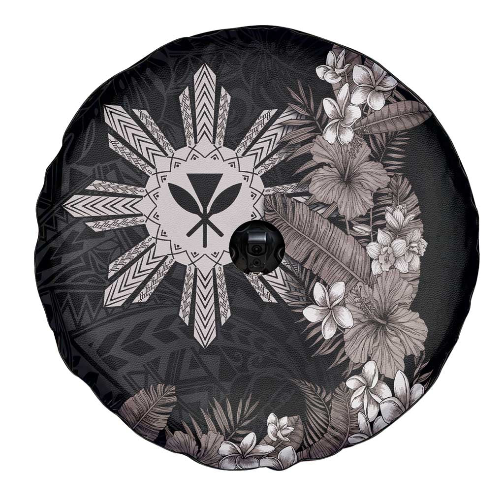 Tropical Hawaii and Philippines Spare Tire Cover Kanaka Maoli and Sun Badge Batok Tattoo Grayscale LT03 - Polynesian Pride