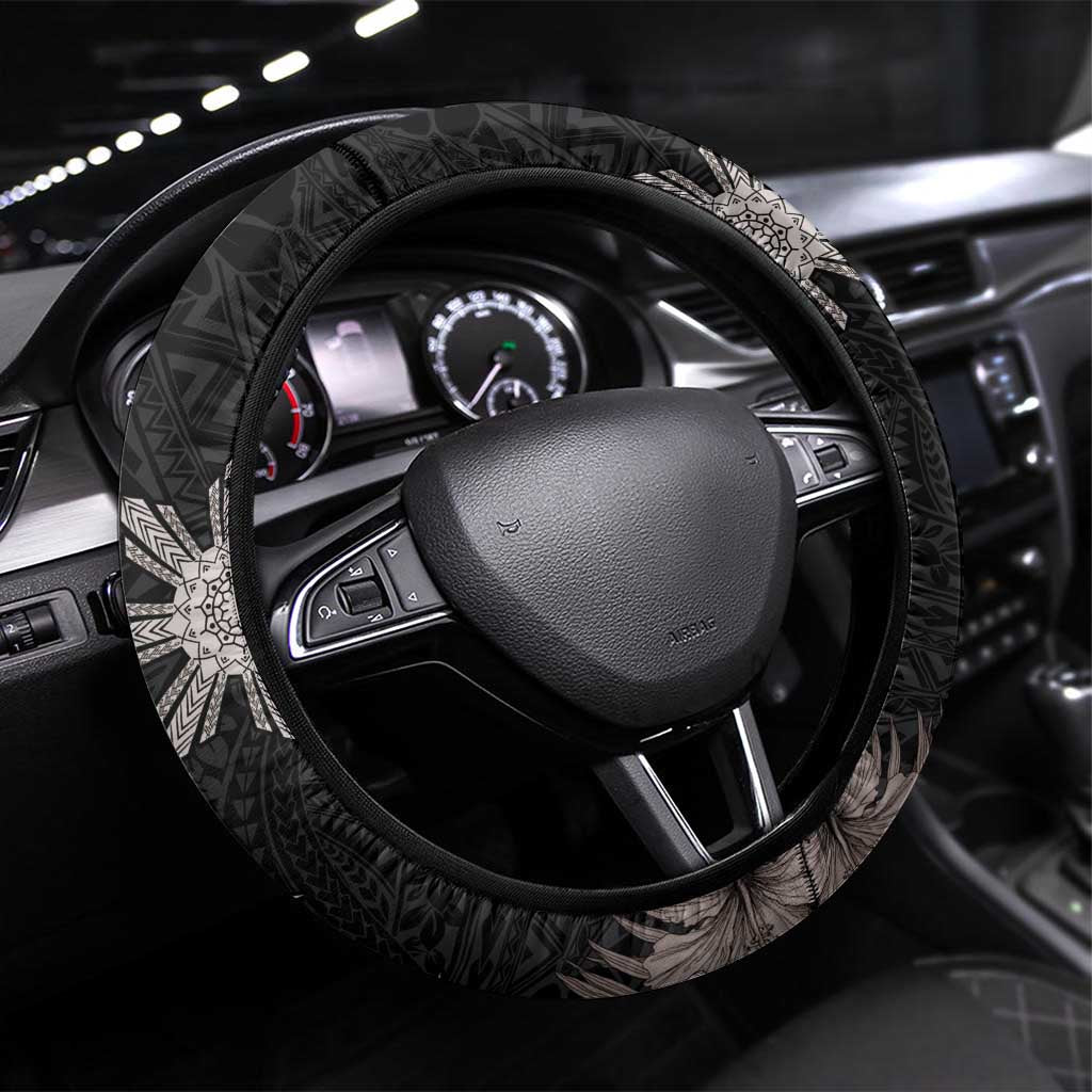 Tropical Hawaii and Philippines Steering Wheel Cover Kanaka Maoli and Sun Badge Batok Tattoo Grayscale LT03 Universal Fit Black - Polynesian Pride