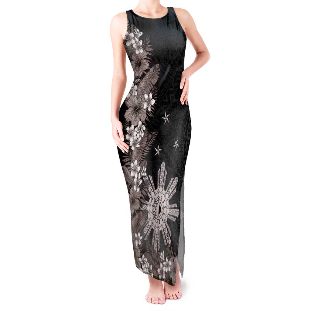 Tropical Hawaii and Philippines Tank Maxi Dress Kanaka Maoli and Sun Badge Batok Tattoo Grayscale LT03 Women Black - Polynesian Pride