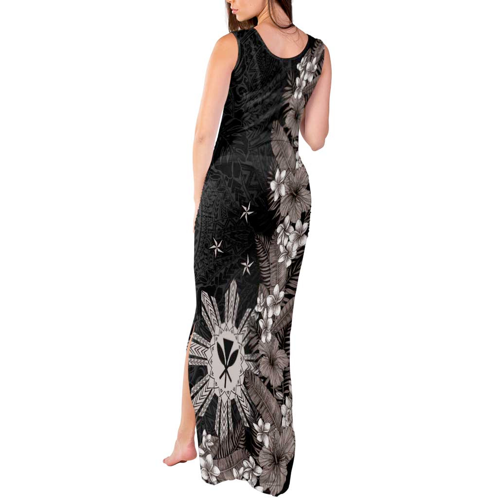 Tropical Hawaii and Philippines Tank Maxi Dress Kanaka Maoli and Sun Badge Batok Tattoo Grayscale LT03 - Polynesian Pride