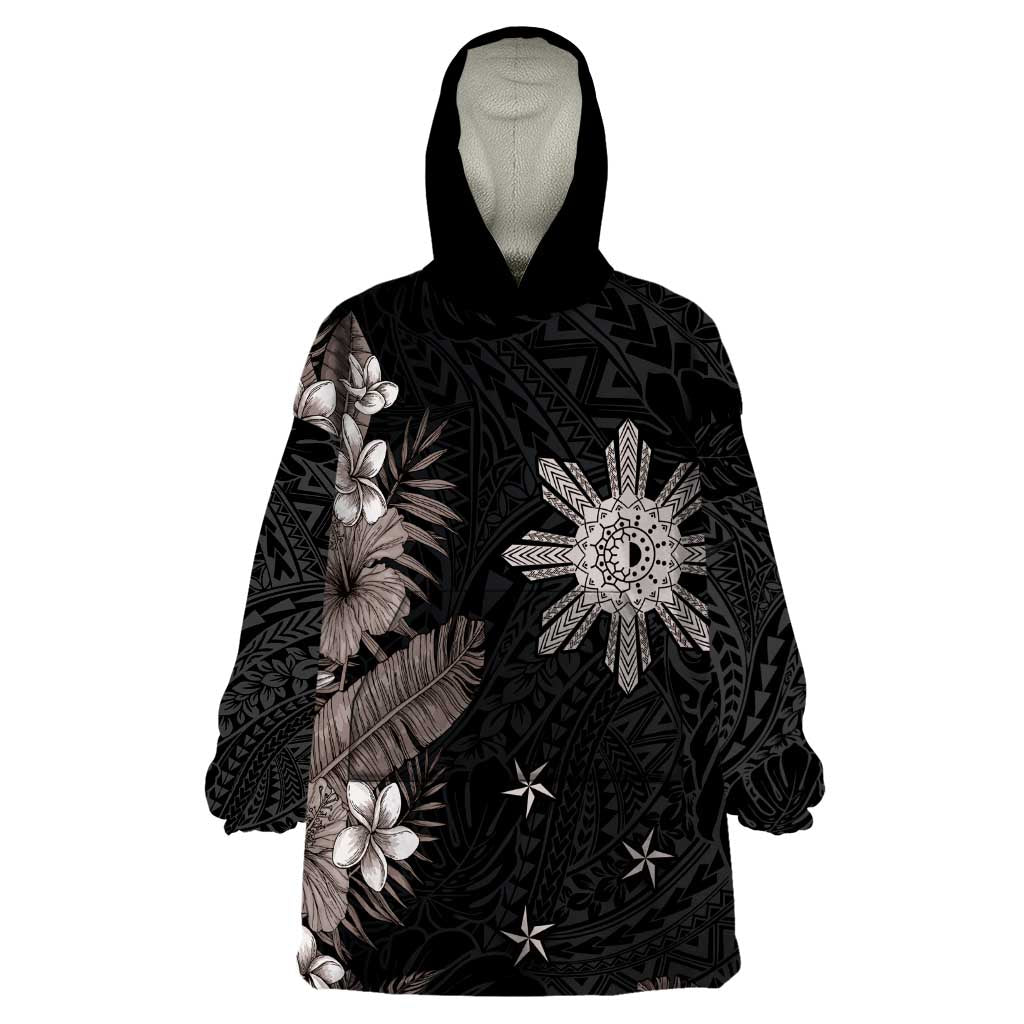 Tropical Hawaii and Philippines Wearable Blanket Hoodie Kanaka Maoli and Sun Badge Batok Tattoo Grayscale LT03 One Size Black - Polynesian Pride