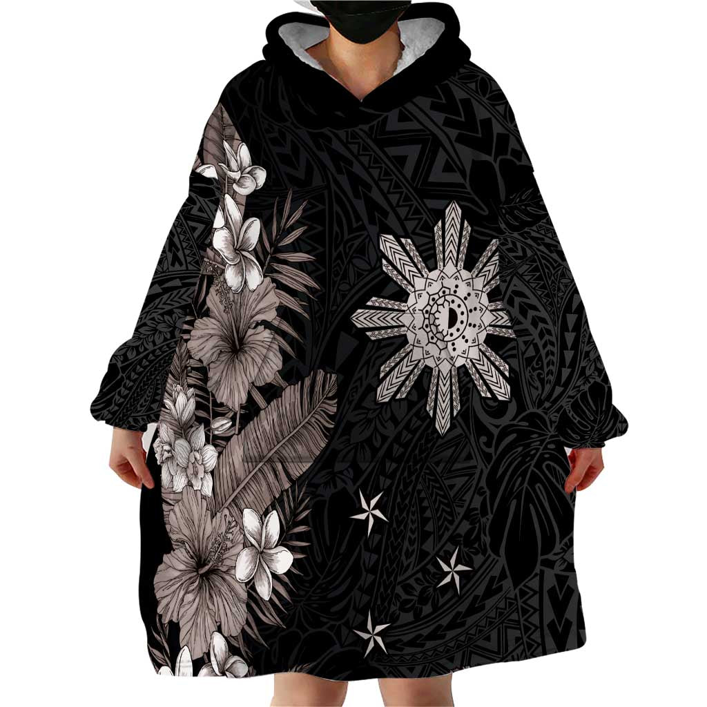 Tropical Hawaii and Philippines Wearable Blanket Hoodie Kanaka Maoli and Sun Badge Batok Tattoo Grayscale LT03 - Polynesian Pride