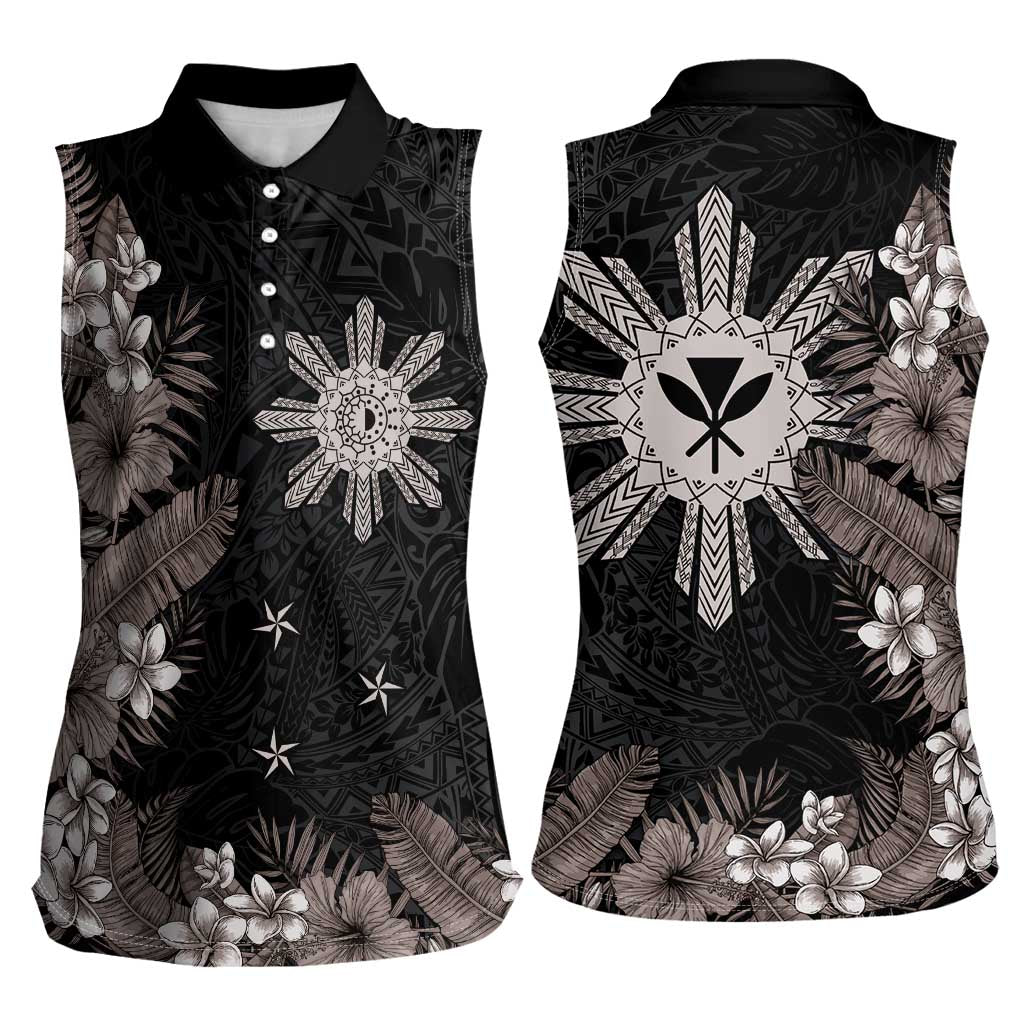 Tropical Hawaii and Philippines Women Sleeveless Polo Shirt Kanaka Maoli and Sun Badge Batok Tattoo Grayscale LT03 - Polynesian Pride