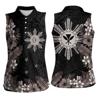 Tropical Hawaii and Philippines Women Sleeveless Polo Shirt Kanaka Maoli and Sun Badge Batok Tattoo Grayscale LT03 - Polynesian Pride