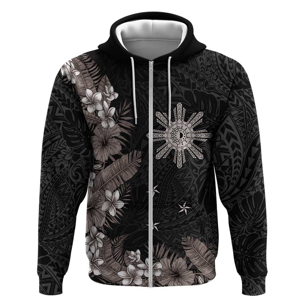 Tropical Hawaii and Philippines Zip Hoodie Kanaka Maoli and Sun Badge Batok Tattoo Grayscale LT03 Zip Hoodie Black - Polynesian Pride