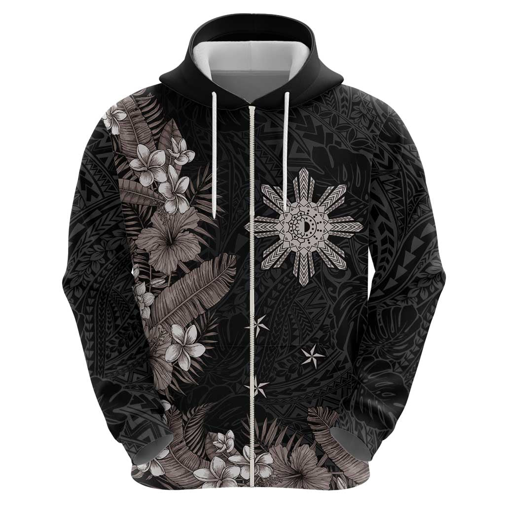 Tropical Hawaii and Philippines Zip Hoodie Kanaka Maoli and Sun Badge Batok Tattoo Grayscale LT03 - Polynesian Pride