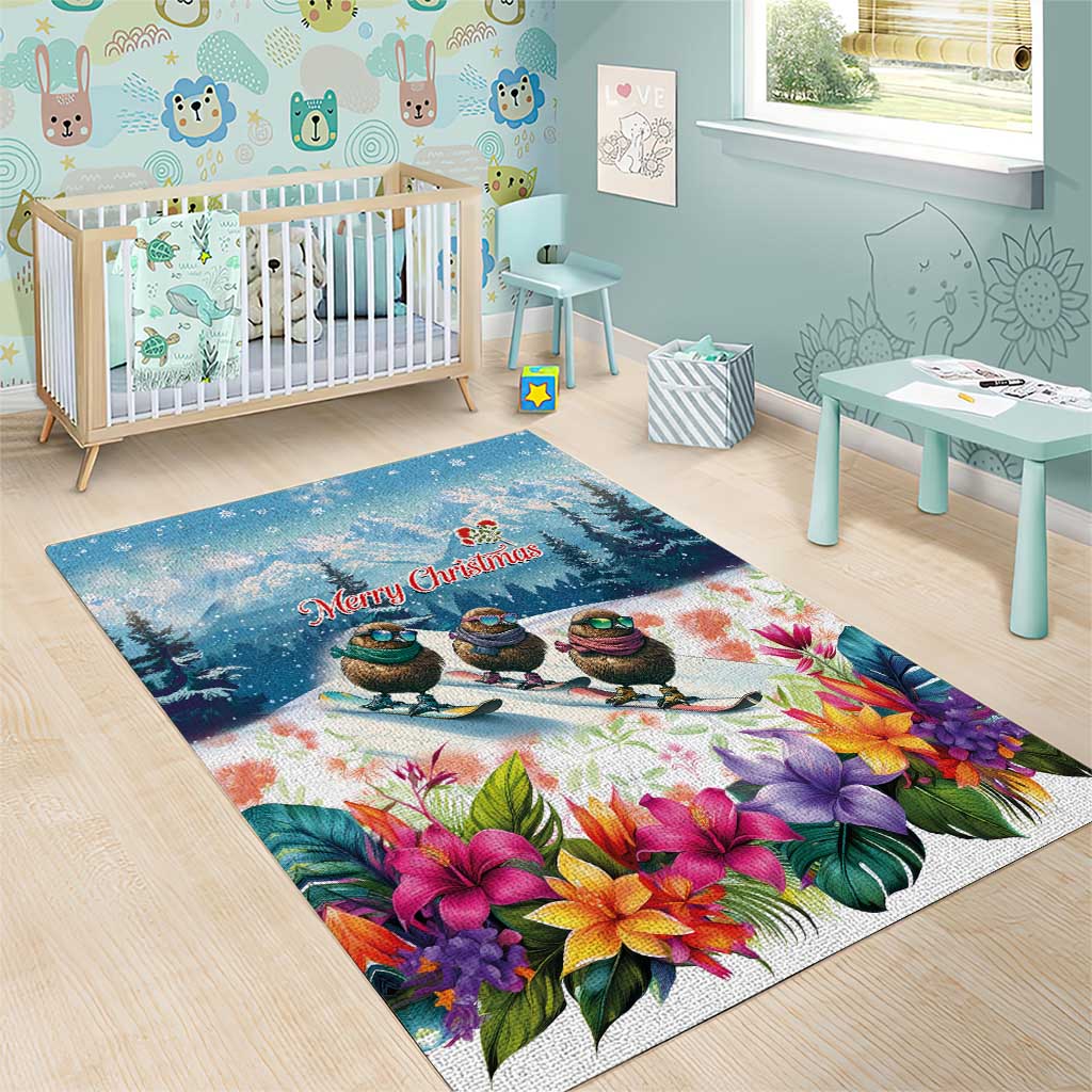 New Zealand Merry Christmas Area Rug Kiwi Birds Snow Boarding-Vibrant Tropical Flower - Polynesian Pride