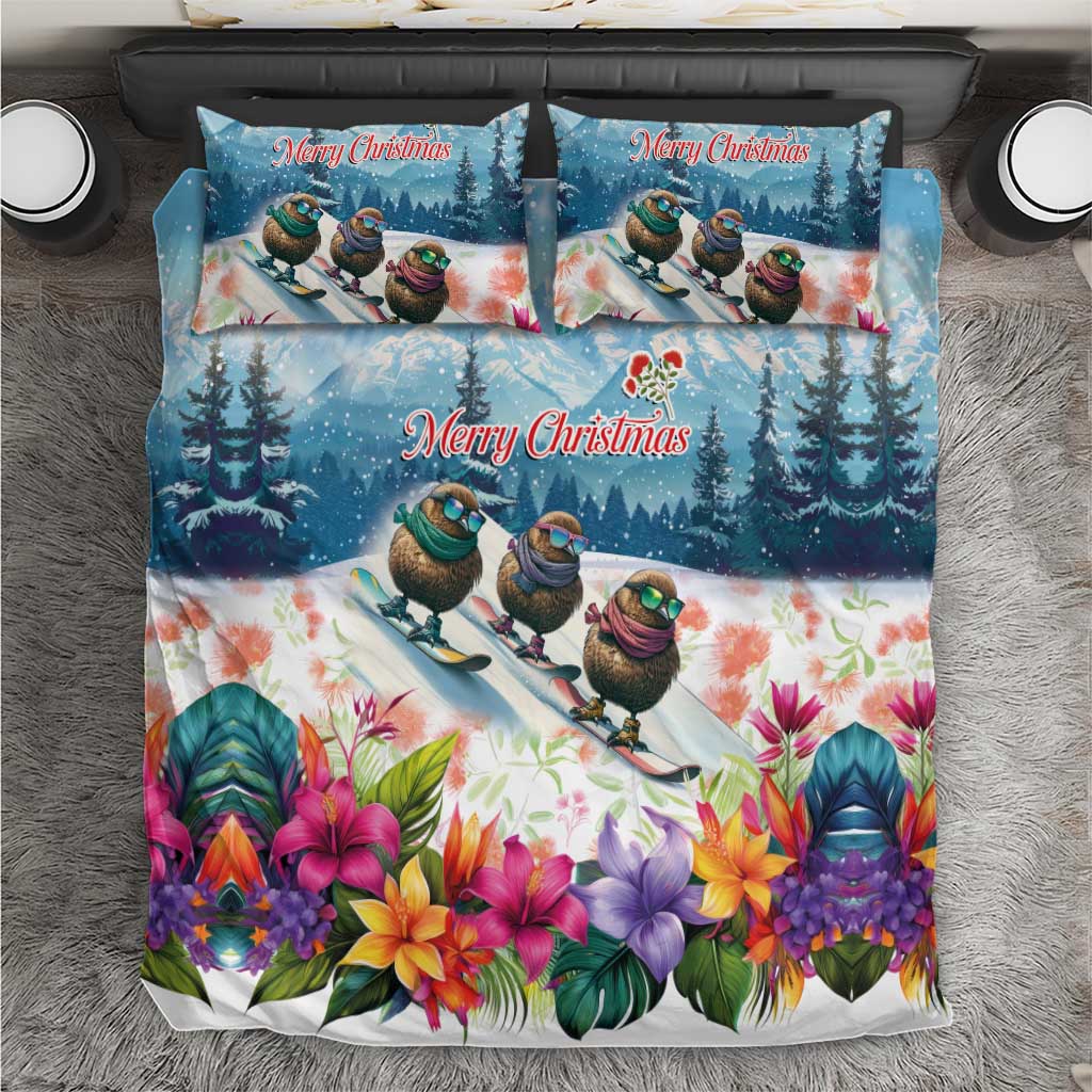 New Zealand Merry Christmas Bedding Set Kiwi Birds Snow Boarding-Vibrant Tropical Flower LT03 White - Polynesian Pride