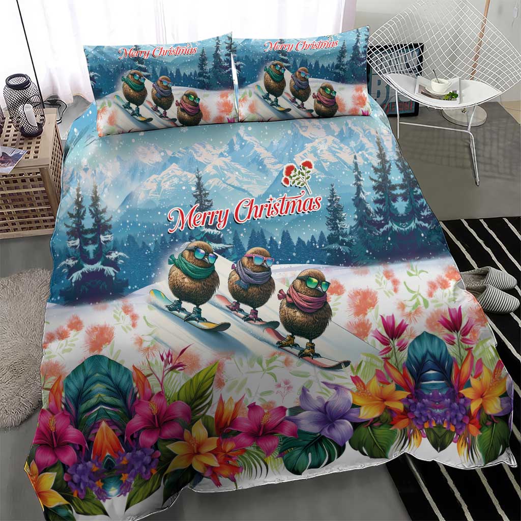 New Zealand Merry Christmas Bedding Set Kiwi Birds Snow Boarding-Vibrant Tropical Flower LT03 - Polynesian Pride