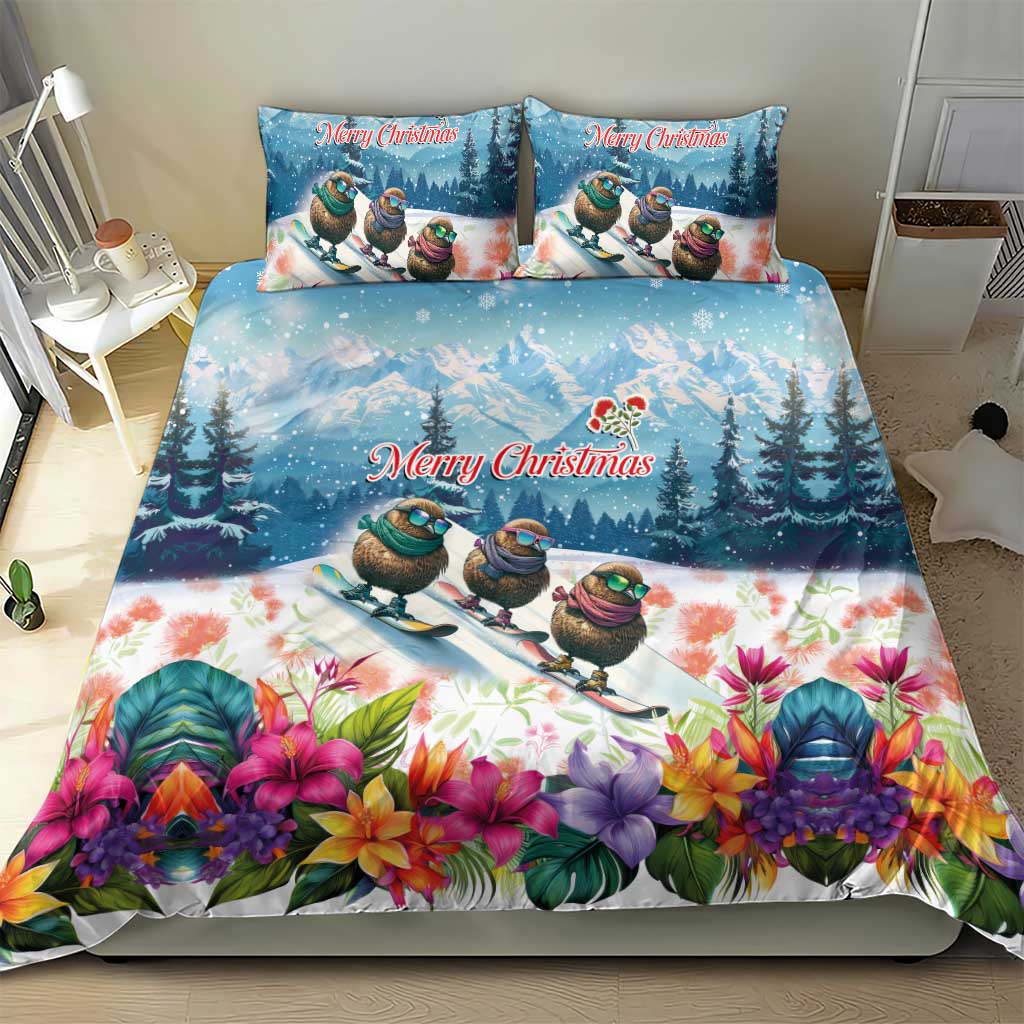 New Zealand Merry Christmas Bedding Set Kiwi Birds Snow Boarding-Vibrant Tropical Flower LT03 - Polynesian Pride