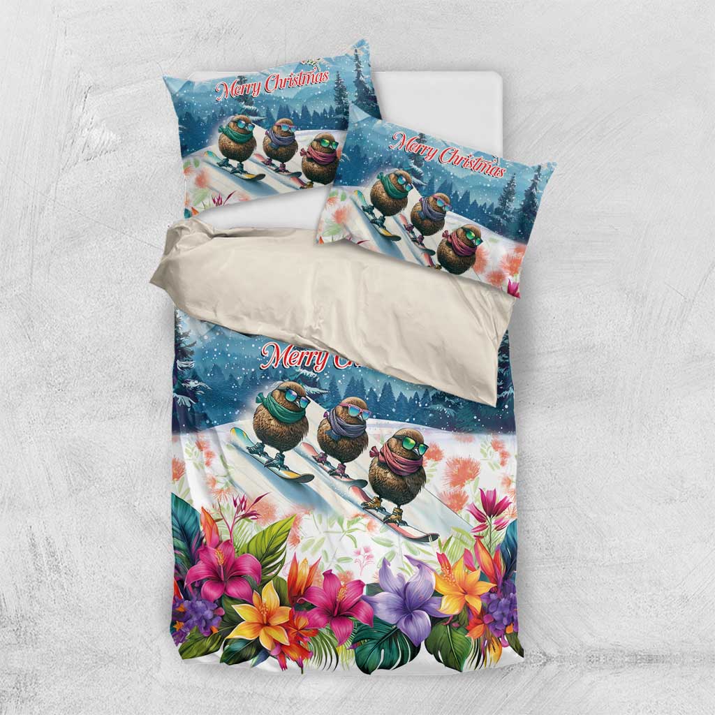 New Zealand Merry Christmas Bedding Set Kiwi Birds Snow Boarding-Vibrant Tropical Flower LT03 US Twin 172cm x 218cm White - Polynesian Pride