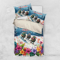 New Zealand Merry Christmas Bedding Set Kiwi Birds Snow Boarding-Vibrant Tropical Flower LT03 US Twin 172cm x 218cm White - Polynesian Pride