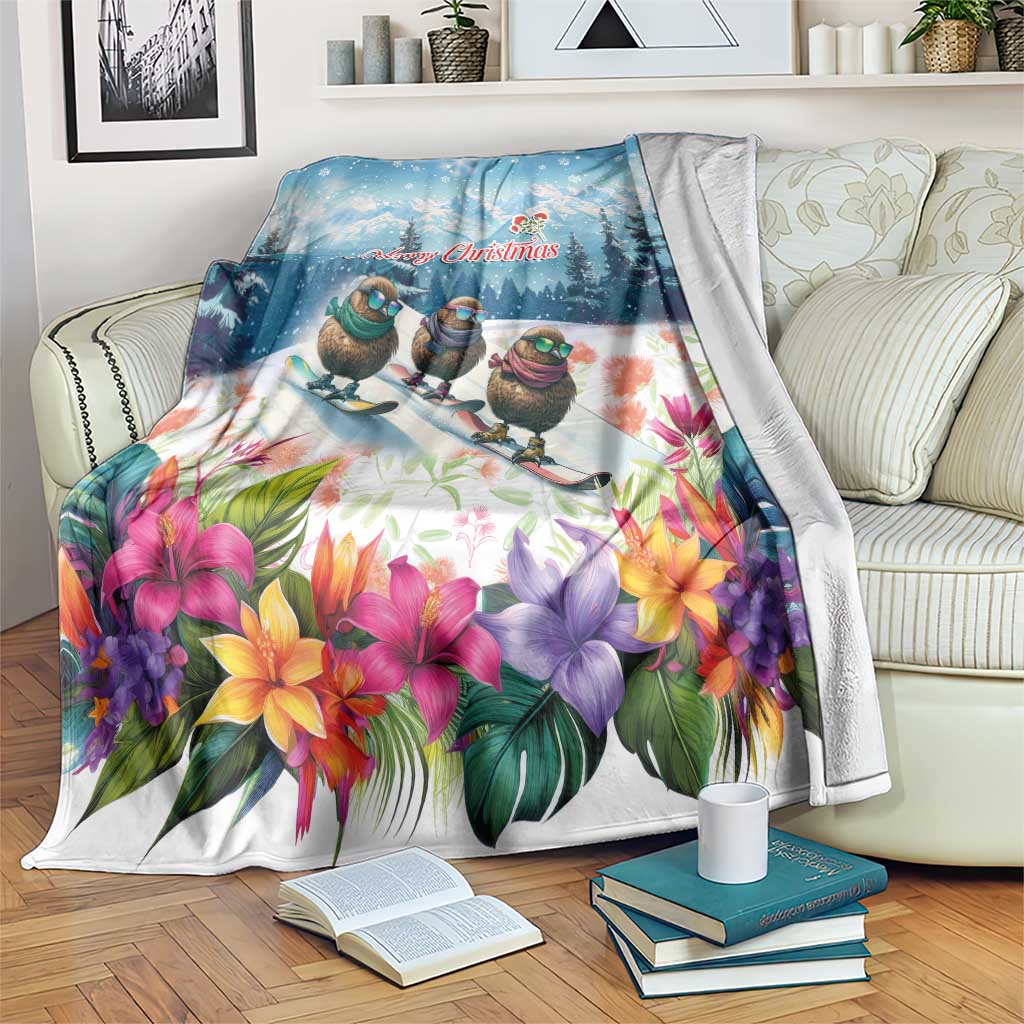 New Zealand Merry Christmas Blanket Kiwi Birds Snow Boarding-Vibrant Tropical Flower LT03 White - Polynesian Pride