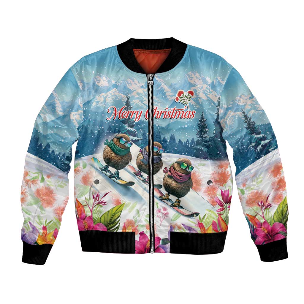 New Zealand Merry Christmas Bomber Jacket Kiwi Birds Snow Boarding-Vibrant Tropical Flower LT03 Unisex White - Polynesian Pride