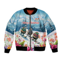 New Zealand Merry Christmas Bomber Jacket Kiwi Birds Snow Boarding-Vibrant Tropical Flower LT03 Unisex White - Polynesian Pride
