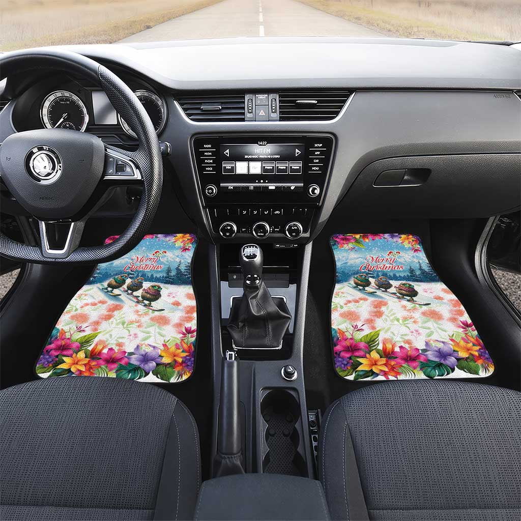New Zealand Merry Christmas Car Mats Kiwi Birds Snow Boarding-Vibrant Tropical Flower LT03 Set 2pcs - Front White - Polynesian Pride