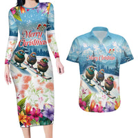 New Zealand Merry Christmas Couples Matching Long Sleeve Bodycon Dress and Hawaiian Shirt Kiwi Birds Snow Boarding-Vibrant Tropical Flower LT03 White - Polynesian Pride