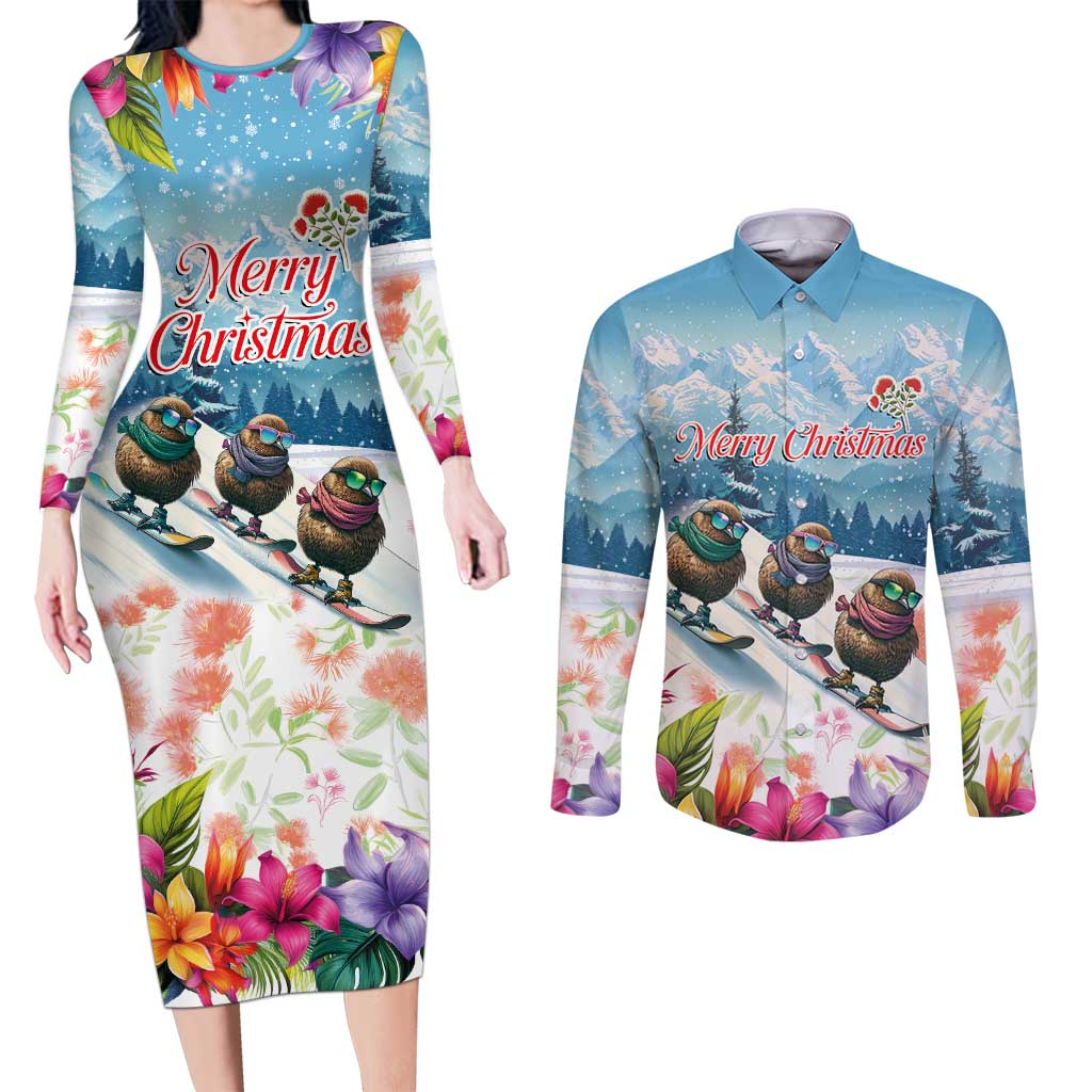 New Zealand Merry Christmas Couples Matching Long Sleeve Bodycon Dress and Long Sleeve Button Shirt Kiwi Birds Snow Boarding-Vibrant Tropical Flower LT03 White - Polynesian Pride