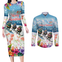 New Zealand Merry Christmas Couples Matching Long Sleeve Bodycon Dress and Long Sleeve Button Shirt Kiwi Birds Snow Boarding-Vibrant Tropical Flower LT03 White - Polynesian Pride