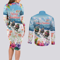 New Zealand Merry Christmas Couples Matching Long Sleeve Bodycon Dress and Long Sleeve Button Shirt Kiwi Birds Snow Boarding-Vibrant Tropical Flower LT03 - Polynesian Pride