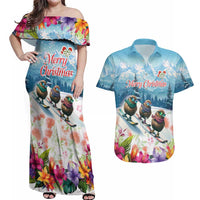 New Zealand Merry Christmas Couples Matching Off Shoulder Maxi Dress and Hawaiian Shirt Kiwi Birds Snow Boarding-Vibrant Tropical Flower LT03 White - Polynesian Pride