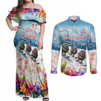 New Zealand Merry Christmas Couples Matching Off Shoulder Maxi Dress and Long Sleeve Button Shirt Kiwi Birds Snow Boarding-Vibrant Tropical Flower LT03 White - Polynesian Pride