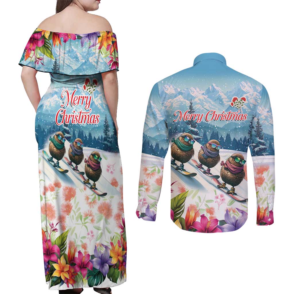 New Zealand Merry Christmas Couples Matching Off Shoulder Maxi Dress and Long Sleeve Button Shirt Kiwi Birds Snow Boarding-Vibrant Tropical Flower LT03 - Polynesian Pride