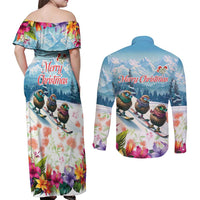 New Zealand Merry Christmas Couples Matching Off Shoulder Maxi Dress and Long Sleeve Button Shirt Kiwi Birds Snow Boarding-Vibrant Tropical Flower LT03 - Polynesian Pride