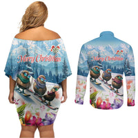 New Zealand Merry Christmas Couples Matching Off Shoulder Short Dress and Long Sleeve Button Shirt Kiwi Birds Snow Boarding-Vibrant Tropical Flower LT03 - Polynesian Pride