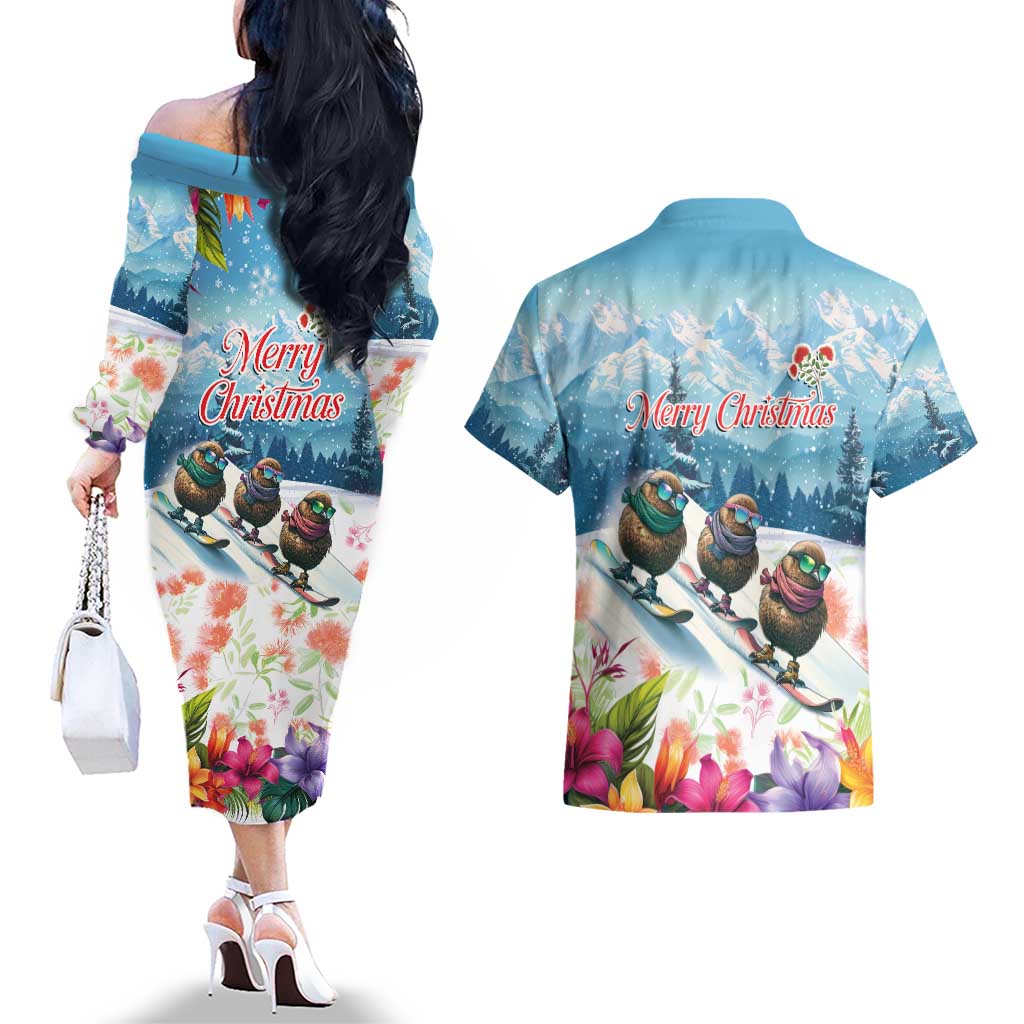 New Zealand Merry Christmas Couples Matching Off The Shoulder Long Sleeve Dress and Hawaiian Shirt Kiwi Birds Snow Boarding-Vibrant Tropical Flower LT03 - Polynesian Pride