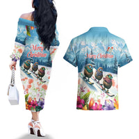 New Zealand Merry Christmas Couples Matching Off The Shoulder Long Sleeve Dress and Hawaiian Shirt Kiwi Birds Snow Boarding-Vibrant Tropical Flower LT03 - Polynesian Pride
