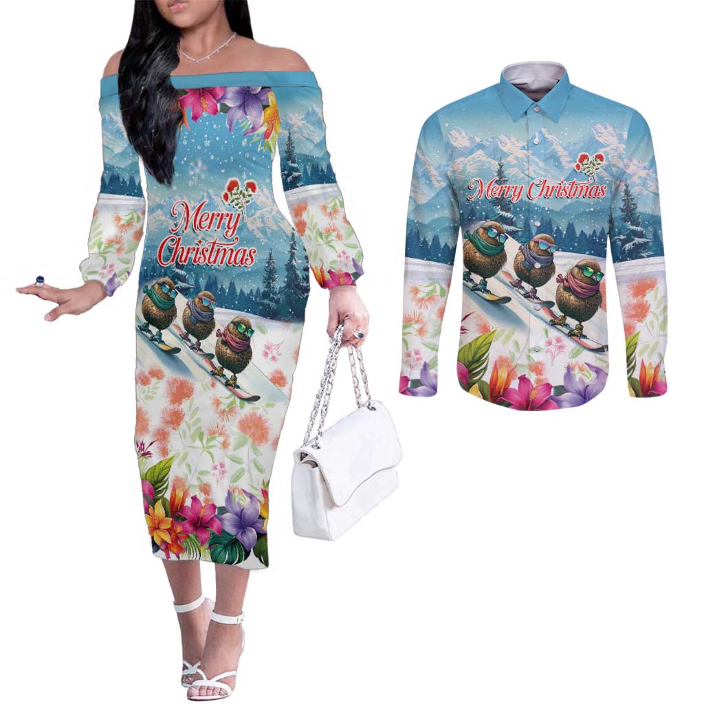 New Zealand Merry Christmas Couples Matching Off The Shoulder Long Sleeve Dress and Long Sleeve Button Shirt Kiwi Birds Snow Boarding-Vibrant Tropical Flower LT03 White - Polynesian Pride