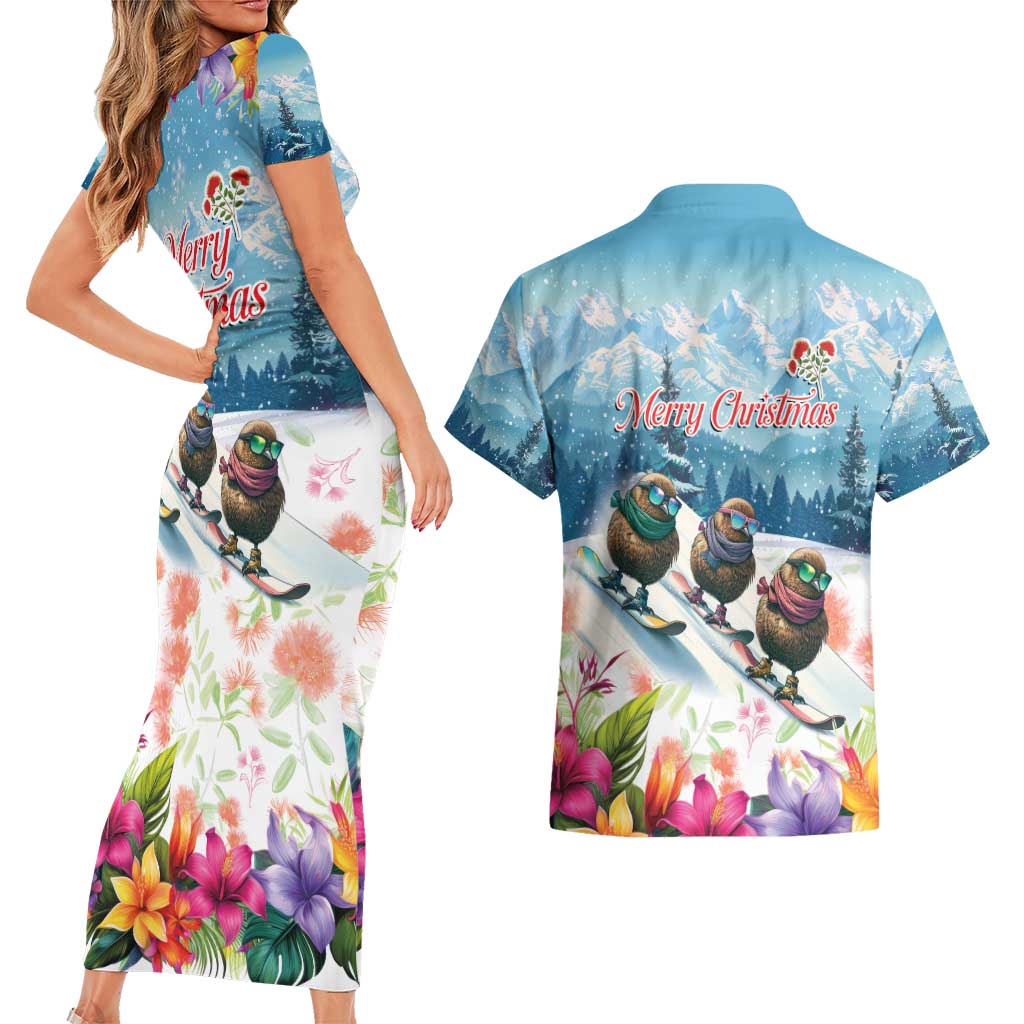 New Zealand Merry Christmas Couples Matching Short Sleeve Bodycon Dress and Hawaiian Shirt Kiwi Birds Snow Boarding-Vibrant Tropical Flower LT03 - Polynesian Pride