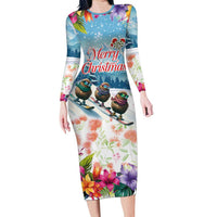 New Zealand Merry Christmas Family Matching Long Sleeve Bodycon Dress and Hawaiian Shirt Kiwi Birds Snow Boarding-Vibrant Tropical Flower LT03 Mom's Dress White - Polynesian Pride