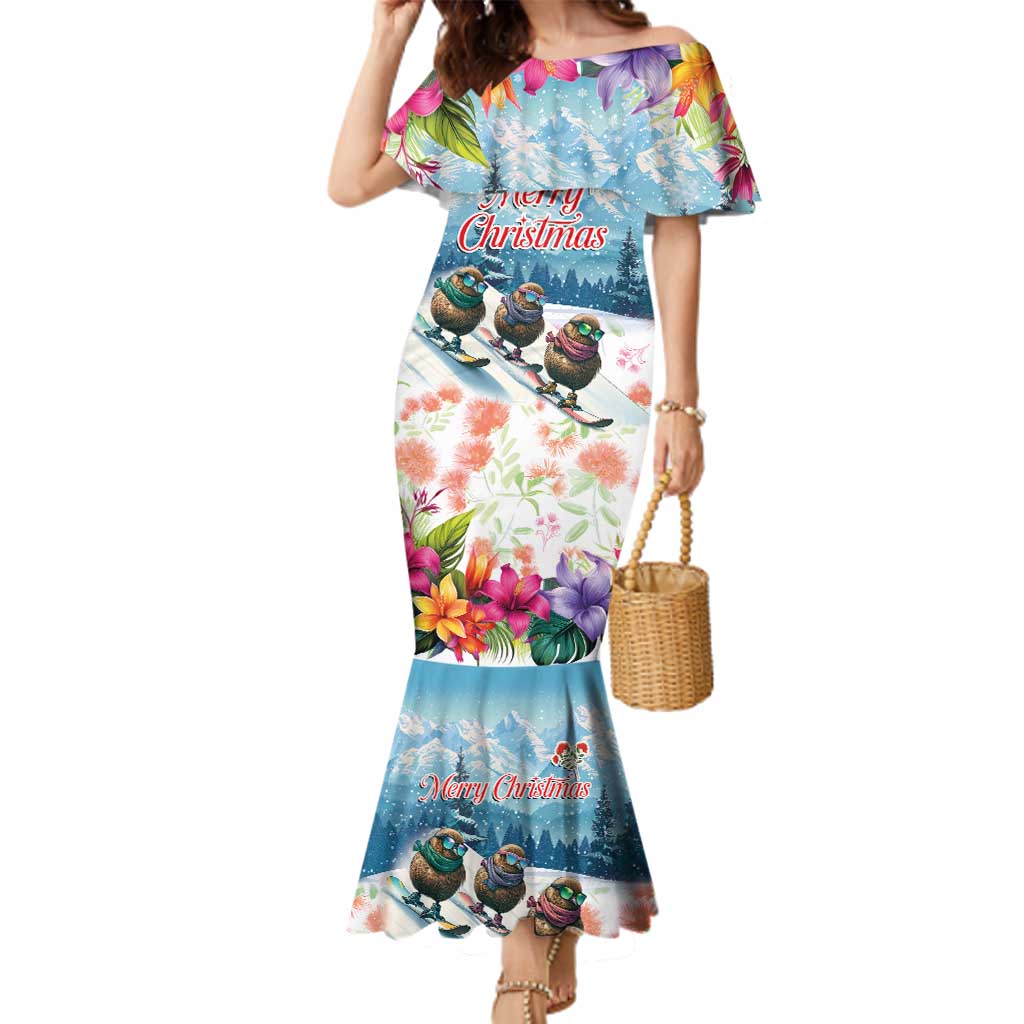 New Zealand Merry Christmas Family Matching Mermaid Dress and Hawaiian Shirt Kiwi Birds Snow Boarding-Vibrant Tropical Flower LT03 Mom's Dress White - Polynesian Pride