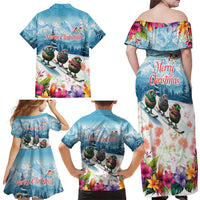 New Zealand Merry Christmas Family Matching Off Shoulder Maxi Dress and Hawaiian Shirt Kiwi Birds Snow Boarding-Vibrant Tropical Flower LT03 - Polynesian Pride