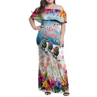 New Zealand Merry Christmas Family Matching Off Shoulder Maxi Dress and Hawaiian Shirt Kiwi Birds Snow Boarding-Vibrant Tropical Flower LT03 Mom's Dress White - Polynesian Pride