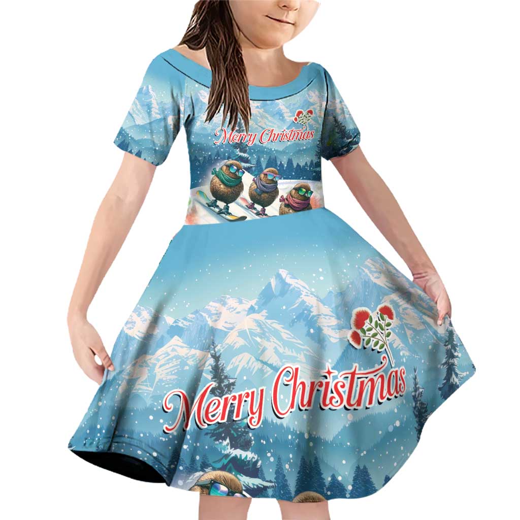 New Zealand Merry Christmas Family Matching Off Shoulder Short Dress and Hawaiian Shirt Kiwi Birds Snow Boarding-Vibrant Tropical Flower LT03 Daughter's Dress White - Polynesian Pride