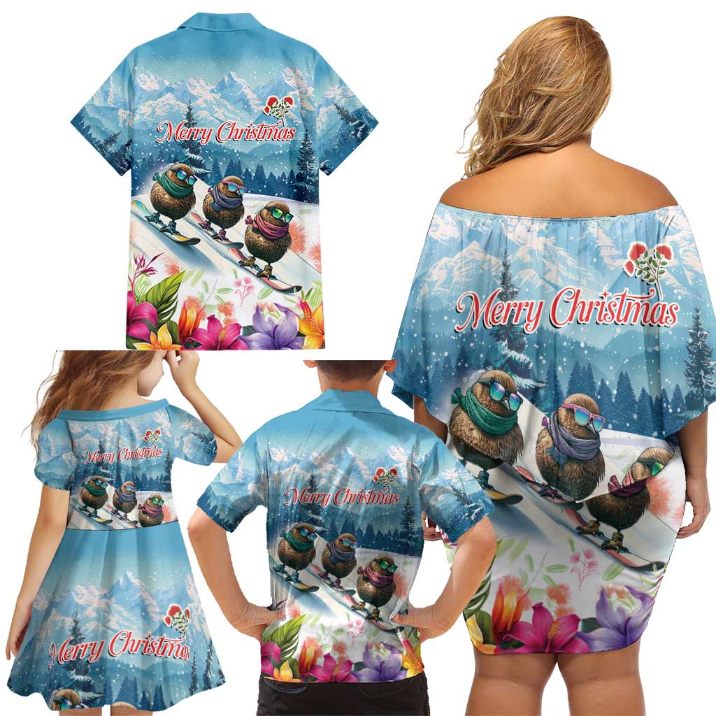 New Zealand Merry Christmas Family Matching Off Shoulder Short Dress and Hawaiian Shirt Kiwi Birds Snow Boarding-Vibrant Tropical Flower LT03 - Polynesian Pride