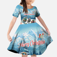 New Zealand Merry Christmas Family Matching Puletasi and Hawaiian Shirt Kiwi Birds Snow Boarding-Vibrant Tropical Flower LT03 Daughter's Dress White - Polynesian Pride