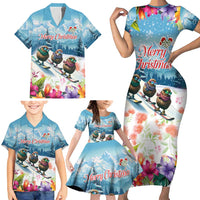 New Zealand Merry Christmas Family Matching Short Sleeve Bodycon Dress and Hawaiian Shirt Kiwi Birds Snow Boarding-Vibrant Tropical Flower LT03 - Polynesian Pride