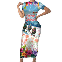 New Zealand Merry Christmas Family Matching Short Sleeve Bodycon Dress and Hawaiian Shirt Kiwi Birds Snow Boarding-Vibrant Tropical Flower LT03 Mom's Dress White - Polynesian Pride