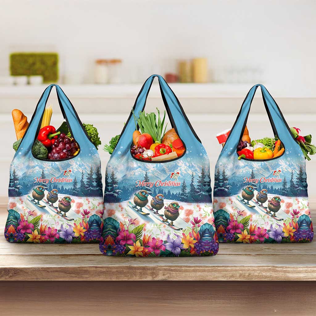 New Zealand Merry Christmas Grocery Bag Kiwi Birds Snow Boarding-Vibrant Tropical Flower LT03 3-pack One Size White - Polynesian Pride